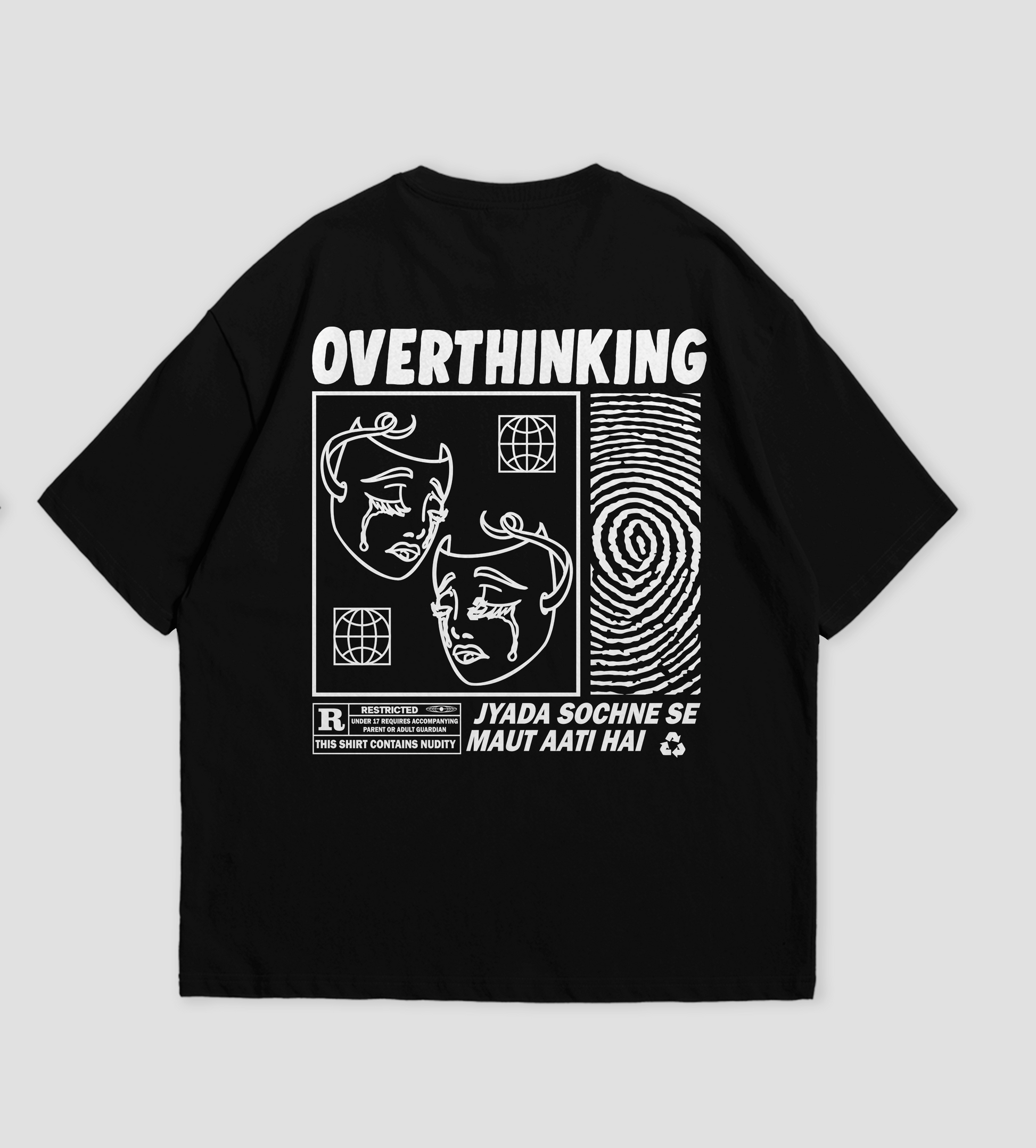 Black t-shirt with white graphic design and text on a light gray background
