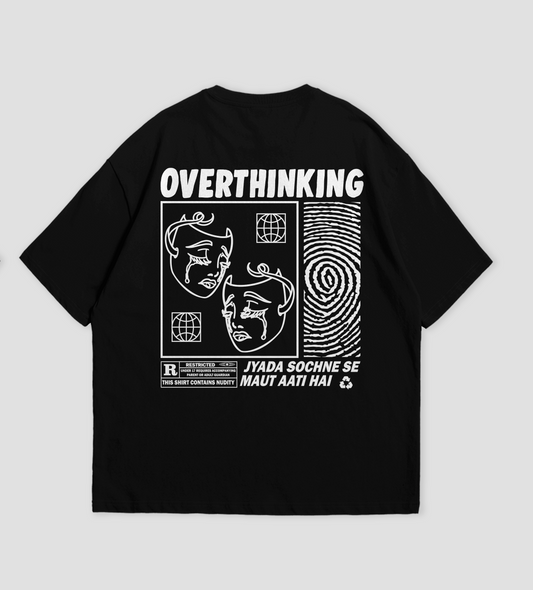 Black t-shirt with white graphic design and text on a light gray background
