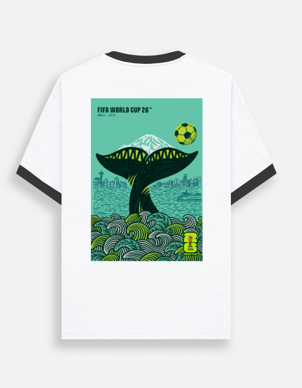T-shirt with a whale and soccer ball design on a white background