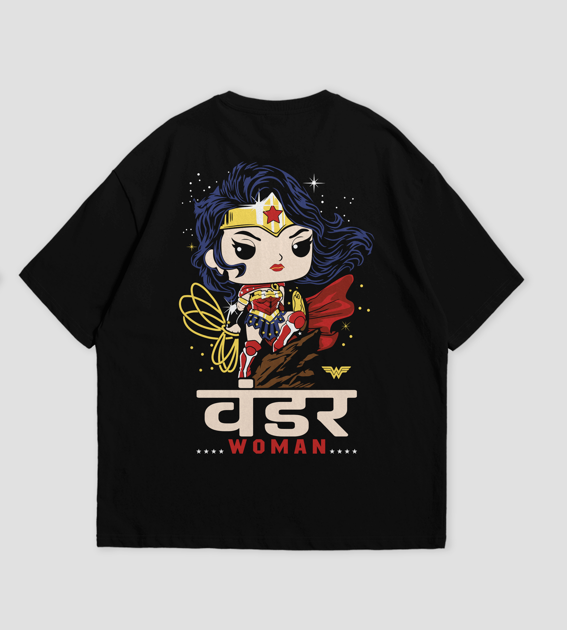 Black t-shirt with a cartoon character of Wonder Woman on a gray background