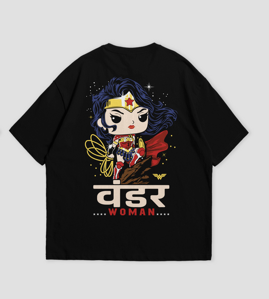 Black t-shirt with a cartoon character of Wonder Woman on a gray background
