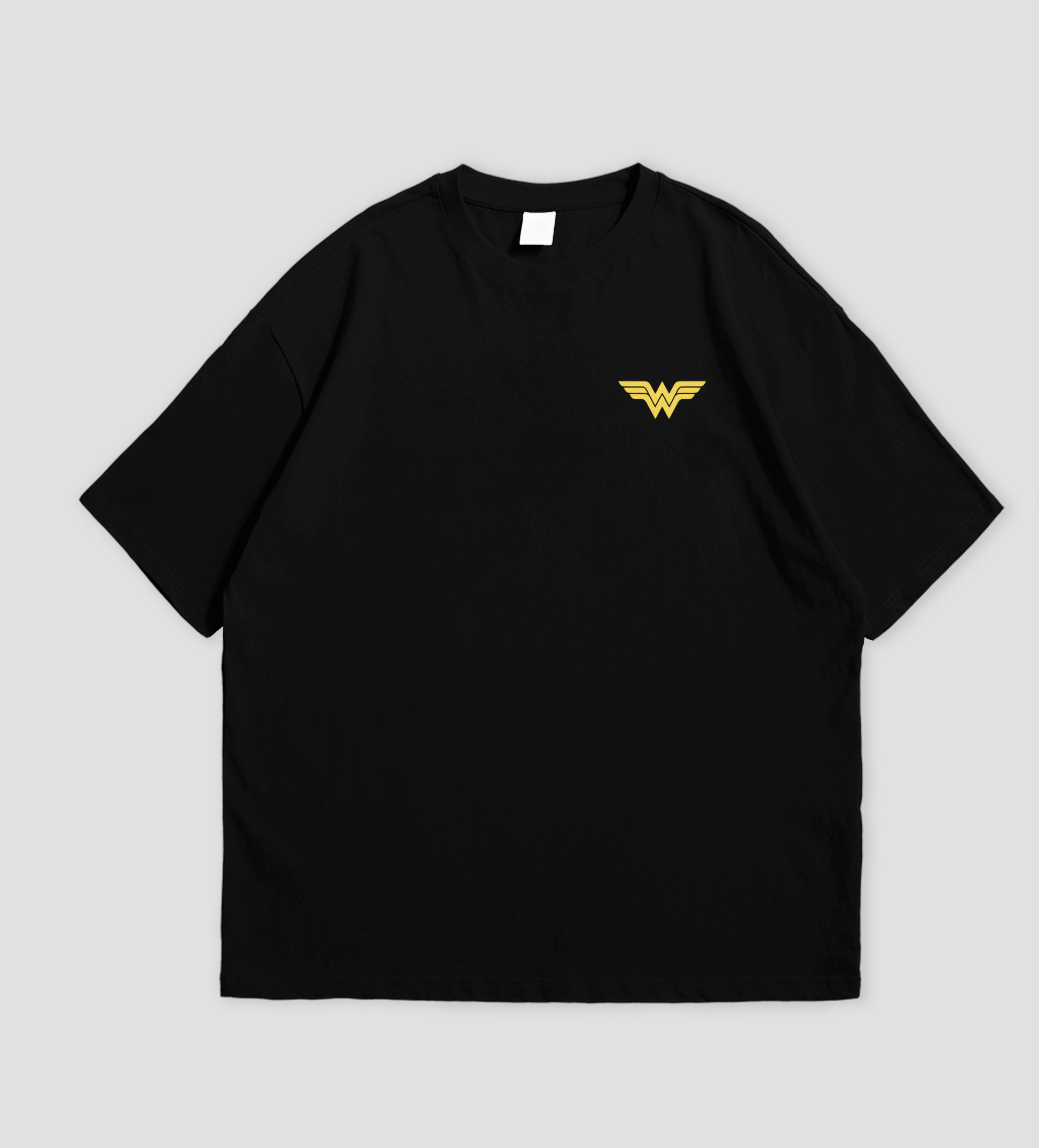 Black t-shirt with space-themed graphics on a gray background